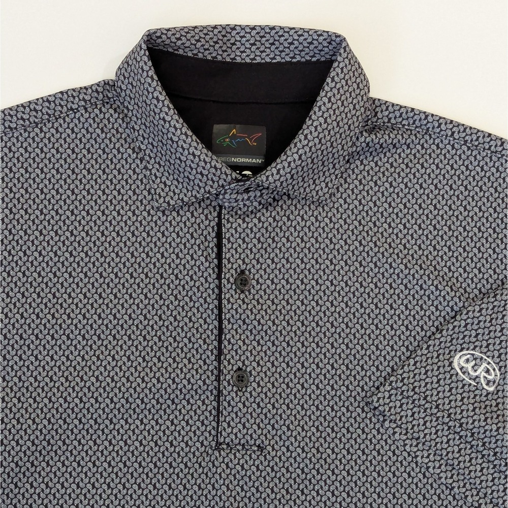 Greg Norman Polo Shirt Men's Small Black w/ White Geo Print ML75 Play Dry Golf